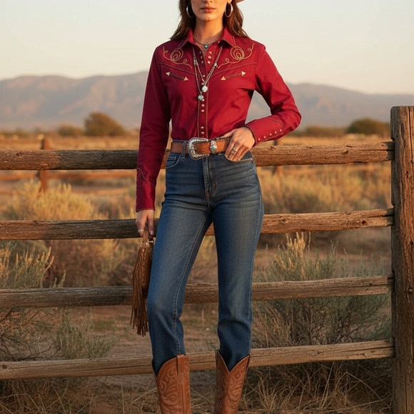 Vtg 90s Panhandle Slim Red Embroidered Western Snap Shirt M Cowgirl Yellowstone - Picture 13 of 13